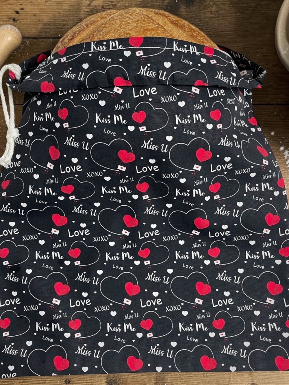 Black and Red Heart “Love” Cotton Bread Bag | Reusable Sourdough Bread Storage